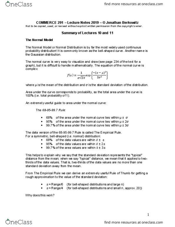 COMM 291 Lecture Notes - Lecture 9: Probability Distribution, Normal Distribution, Standard Deviation thumbnail