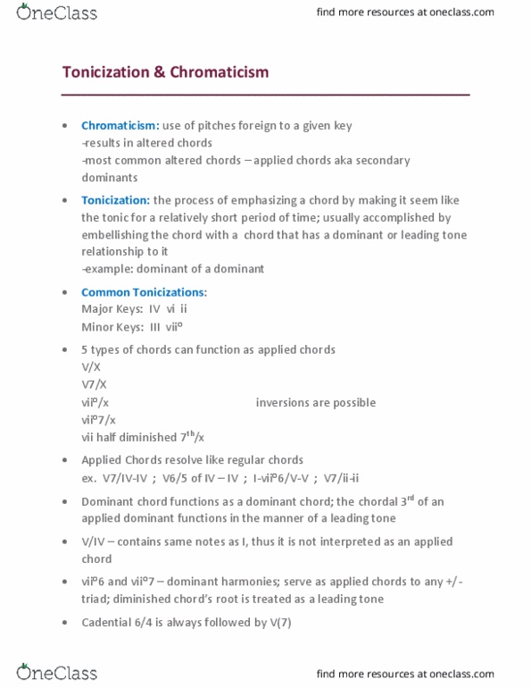 MUS 101B Lecture Notes - Lecture 6: Leading-Tone, Secondary Chords, Chromaticism thumbnail