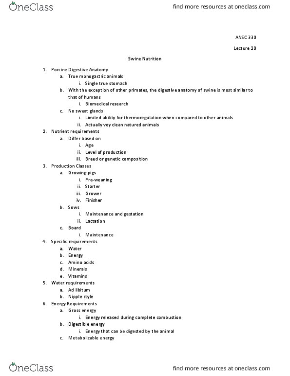 ANSC 330 Lecture Notes - Lecture 20: Atwater System, Ad Libitum, Monogastric thumbnail