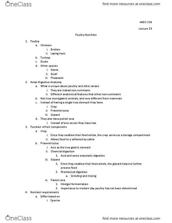 ANSC 330 Lecture Notes - Lecture 19: Hindgut Fermentation, Proventriculus, Monogastric thumbnail