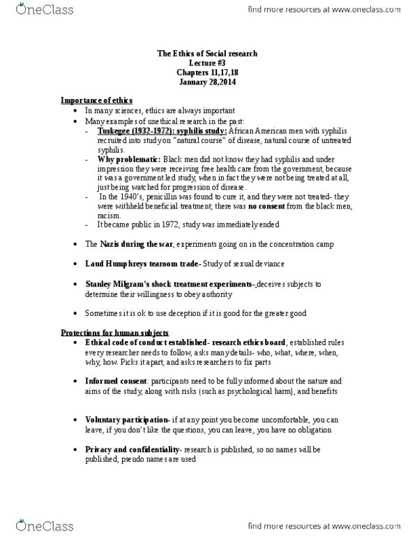 Sociology 2206A/B Lecture Notes - Laud Humphreys, Informed Consent, Research thumbnail