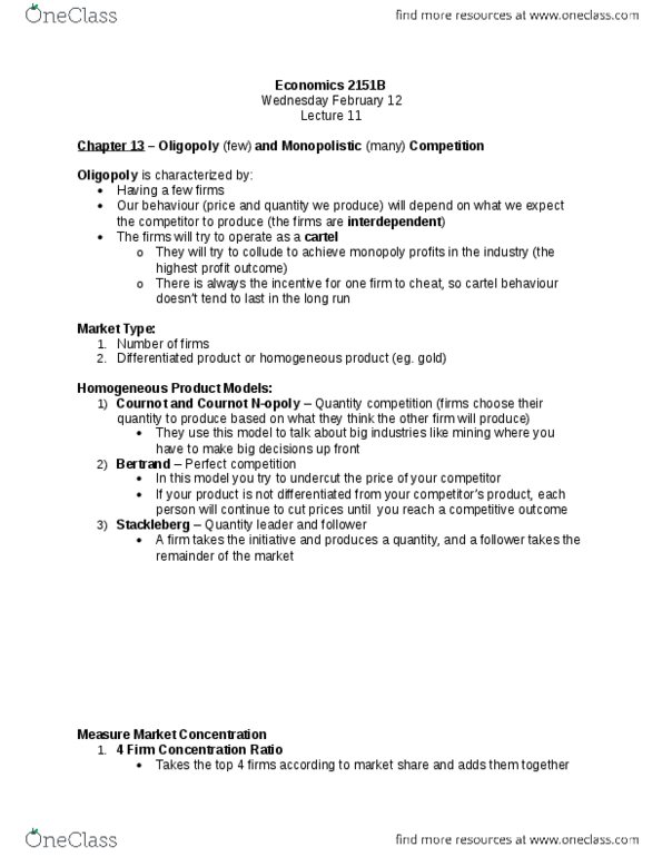 Economics 2150A/B Lecture Notes - Lecture 11: Perfect Competition, Oligopoly, Demand Curve thumbnail