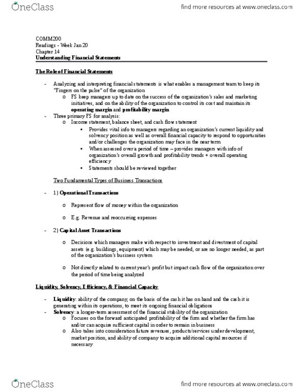 COMM 200 Chapter Notes - Chapter 14: Cash Flow Statement, Retained Earnings, Current Asset thumbnail