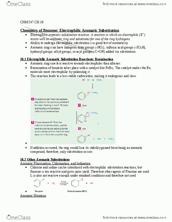 CHM247H1 Chapter Notes - Chapter 16: Electrophilic Aromatic Substitution, Organochloride, Nitro Compound thumbnail
