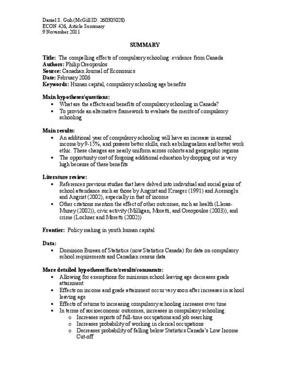 ECON 426 Lecture Notes - Compulsory Education, Lochner V. New York, Literature Review thumbnail