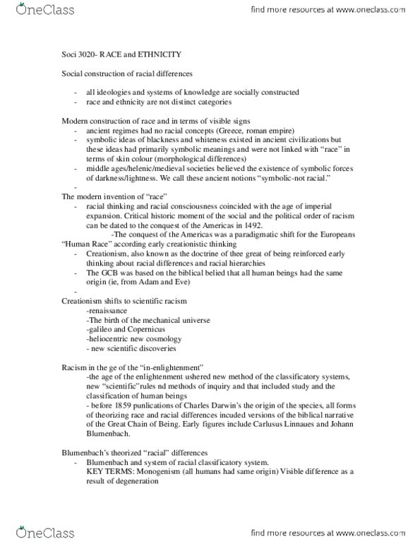 SOCI 3020 Lecture Notes - Johann Friedrich Blumenbach, Monogenism, Afrocentrism thumbnail