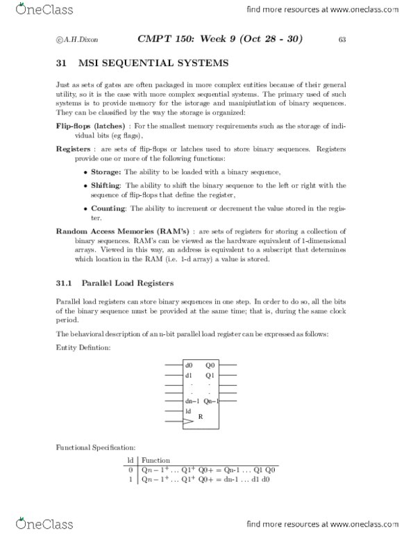 CMPT 150 Lecture Notes - Shift Register, Sequential Logic, Random Access Memories thumbnail