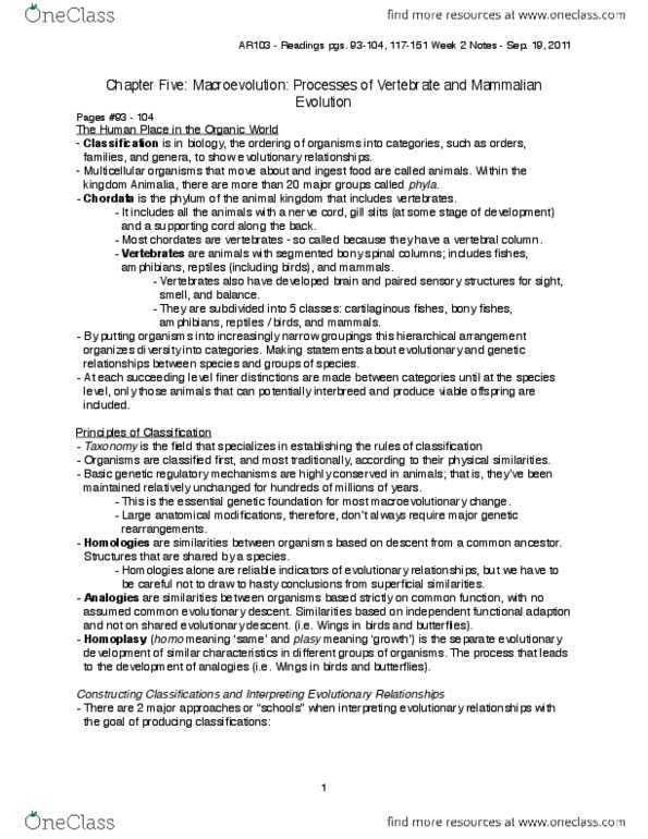 AR103 Chapter Notes -Evolutionary Taxonomy, Cladistics, Phylogenetic Tree thumbnail