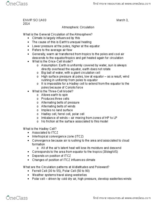 ENVIRSC 1A03 Lecture Notes - Intertropical Convergence Zone, Hadley Cell, Coriolis Force thumbnail