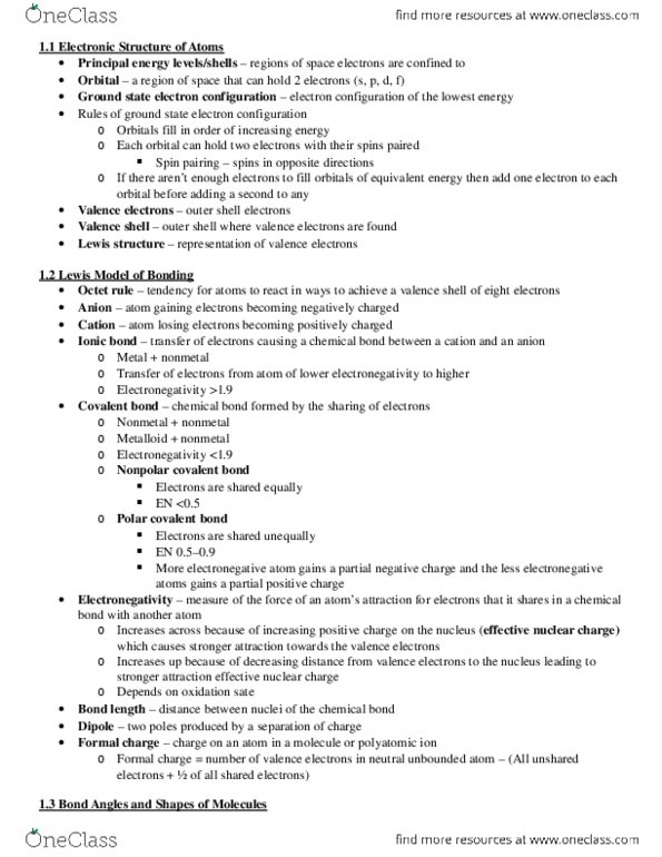 Chemistry 2223B Chapter Notes - Chapter 1&2: Vsepr Theory, Nonmetal, Electronegativity thumbnail