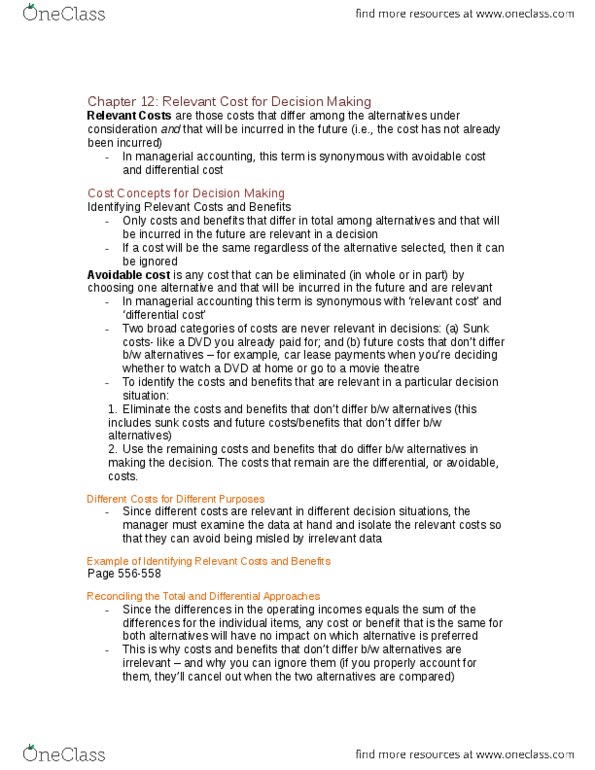 ACTG 2020 Chapter Notes - Chapter 12: Sunk Costs, Management Accounting, Fixed Cost thumbnail