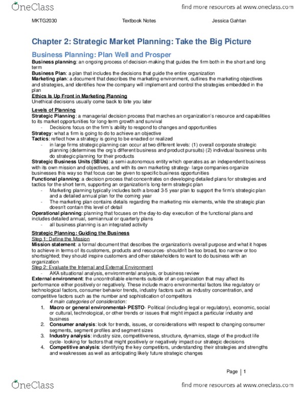 MKTG 2030 Chapter Notes -Swot Analysis, Strategic Planning, Marketing Plan thumbnail