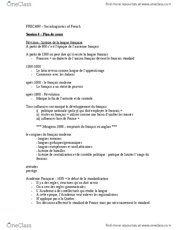 FREC48H3 Lecture Notes - Francien Language, Le Monde, Languedocien Dialect thumbnail