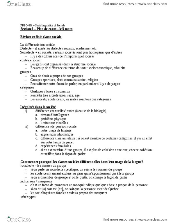 FREC48H3 Lecture Notes - Petite Bourgeoisie, Sociolinguistics, Bourgeoisie thumbnail
