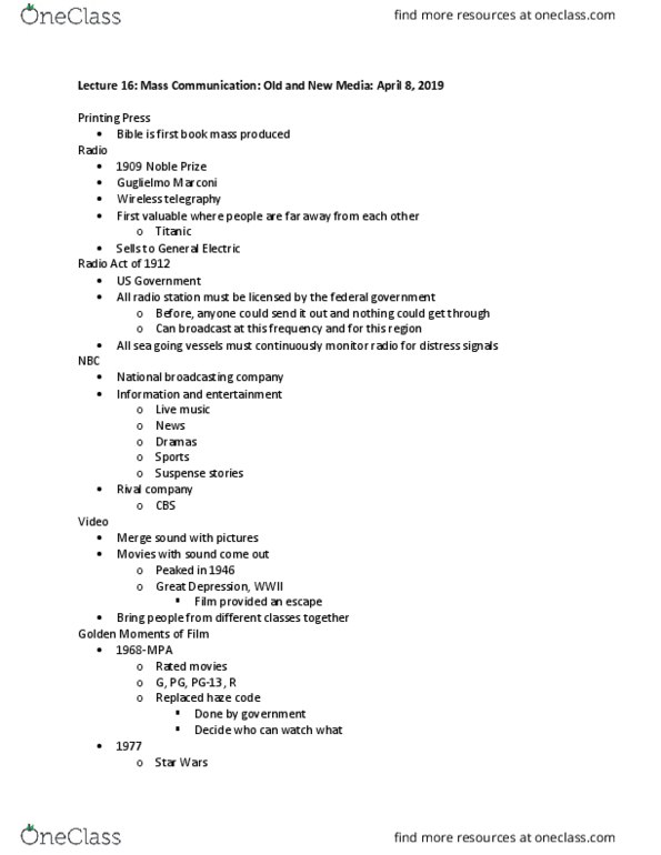 COMM 1000 Lecture Notes - Lecture 16: Nbc, Wireless Telegraphy, Alfred Noble Prize thumbnail