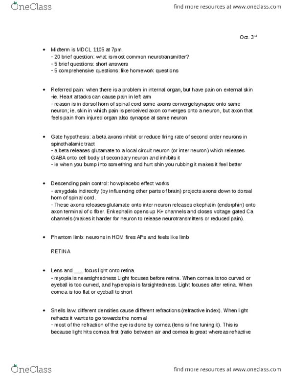 BIOL 4370 Lecture Notes - Spinothalamic Tract, Posterior Grey Column, Axon Terminal thumbnail