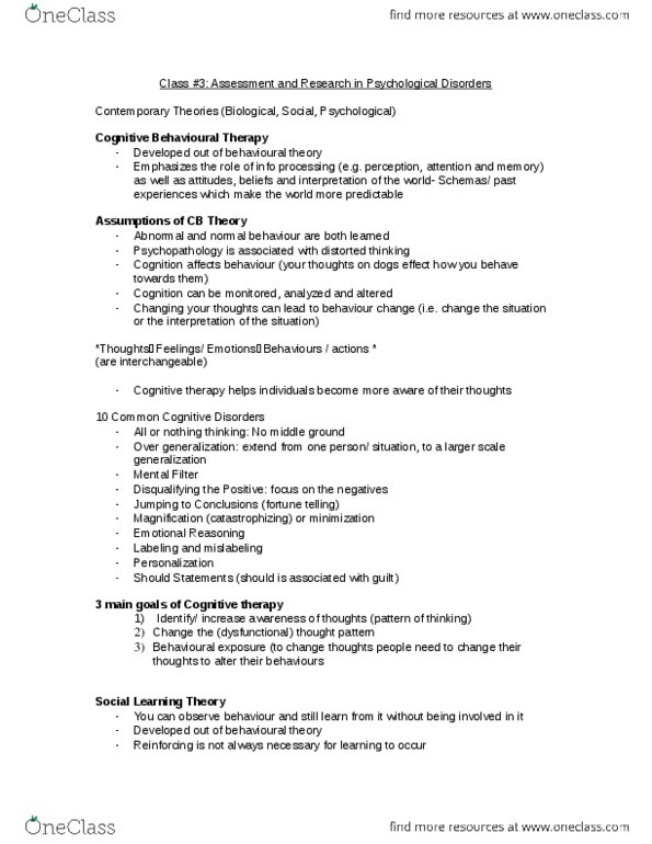 PSY 606 Lecture Notes - Lecture 3: Cognitive Behavioral Therapy, Social Learning Theory, Cognitive Therapy thumbnail