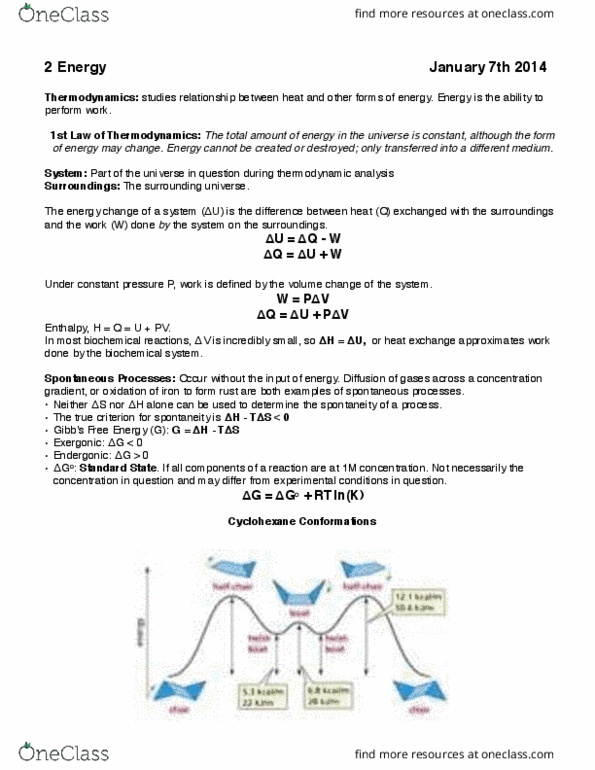 BIOCHEM 2EE3 Lecture Notes - Thermodynamics, Enthalpy, Exergonic Process thumbnail