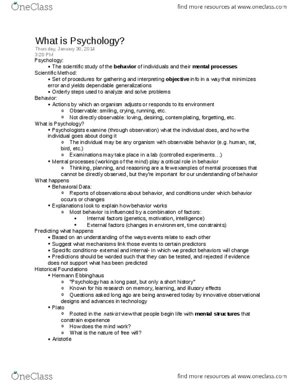 PSY 101 Lecture Notes - Hermann Ebbinghaus, Immanuel Kant, Wilhelm Wundt thumbnail