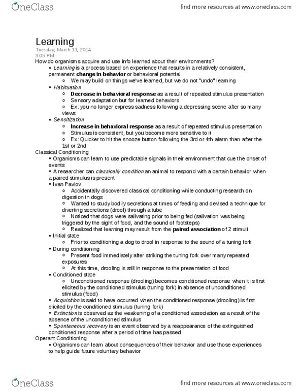 PSY 101 Lecture Notes - Tuning Fork, Alarm Clock, Reward System thumbnail