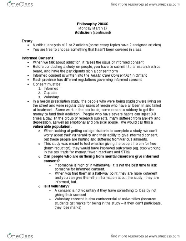 Philosophy 2043F/G Lecture Notes - Informed Consent, Harm Reduction, Reward System thumbnail