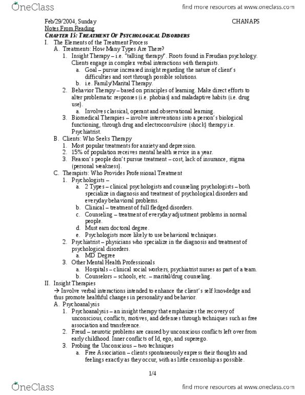 PSY100Y5 Chapter Notes - Chapter 15: Automatic Negative Thoughts, Group Psychotherapy, Psychoanalysis thumbnail