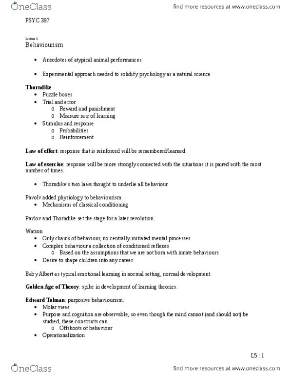 PSYC 397 Lecture Notes - Classical Conditioning, Behaviorism, Edward C. Tolman thumbnail