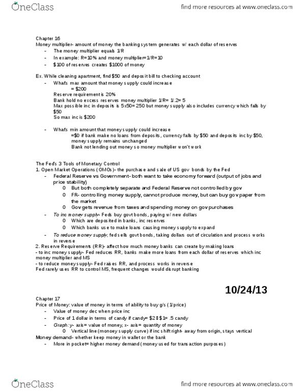 ECON 201 Lecture Notes - Nominal Interest Rate, Money Multiplier, Real Interest Rate thumbnail