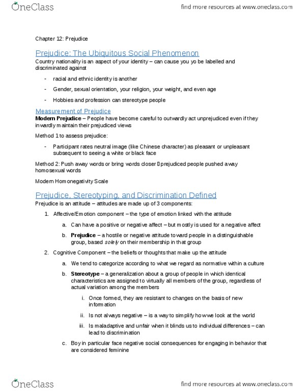 PSYC 260 Chapter Notes - Chapter 12: In-Group Favoritism, Stereotype Threat, Homophobia thumbnail