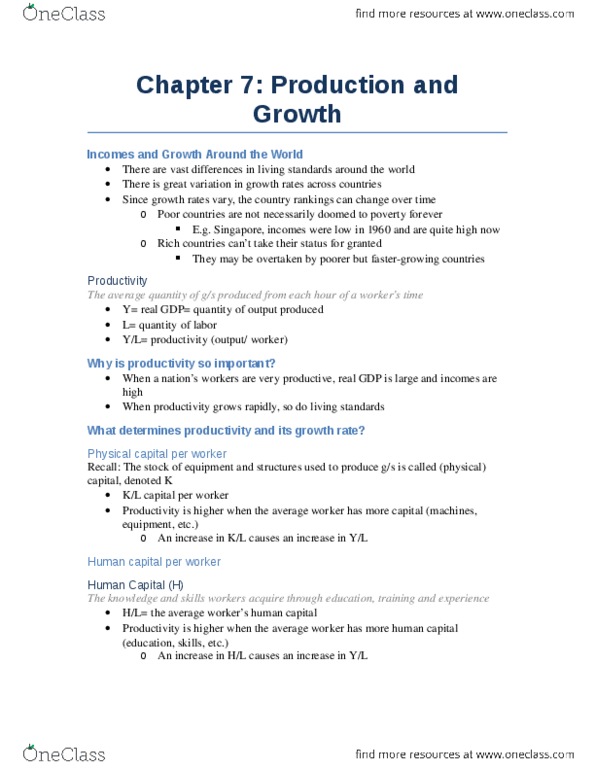 ECON 1000 Chapter Notes - Chapter 7: Diminishing Returns, Human Capital, Physical Capital thumbnail
