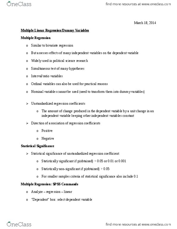 POL 3371 Lecture Notes - Linear Regression, Statistical Significance, Regression Analysis thumbnail