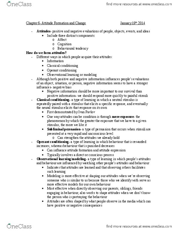 PSYC 2310 Chapter Notes - Chapter 6: Transtheoretical Model, Theory Of Planned Behavior, Attitude Change thumbnail