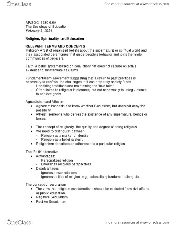 SOCI 3630 Lecture Notes - Agnosticism, Secularism, Thomas Theorem thumbnail