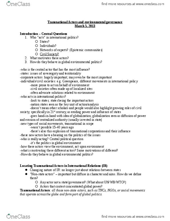 Political Science 2137 Lecture Notes - Global Environmental Politics, Global Governance, World Social Forum thumbnail