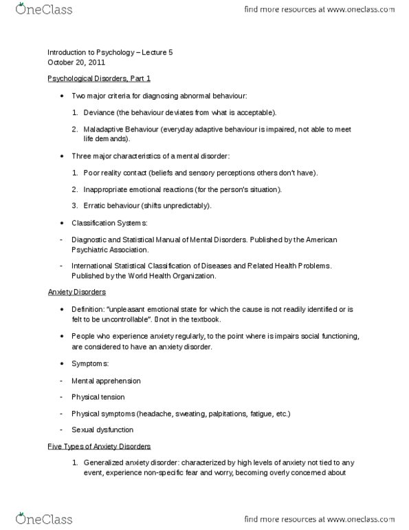 PSYC 1002 Lecture Notes - Lecture 5: American Psychiatric Association, Posttraumatic Stress Disorder, Generalized Anxiety Disorder thumbnail