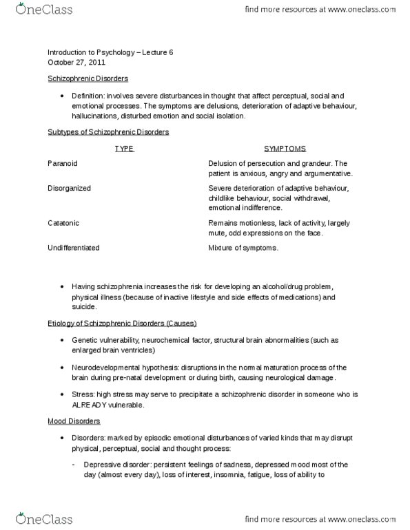 PSYC 1002 Lecture Notes - Lecture 6: Bipolar Disorder, Schizophrenia, Prenatal Development thumbnail