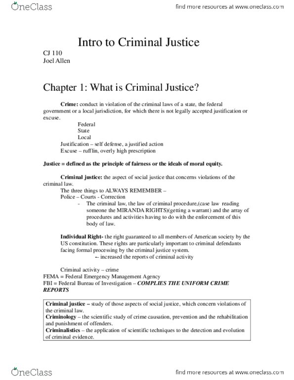 CJ 110 Chapter Notes - Chapter 1-7: Embezzlement, Misdemeanor, Arson thumbnail