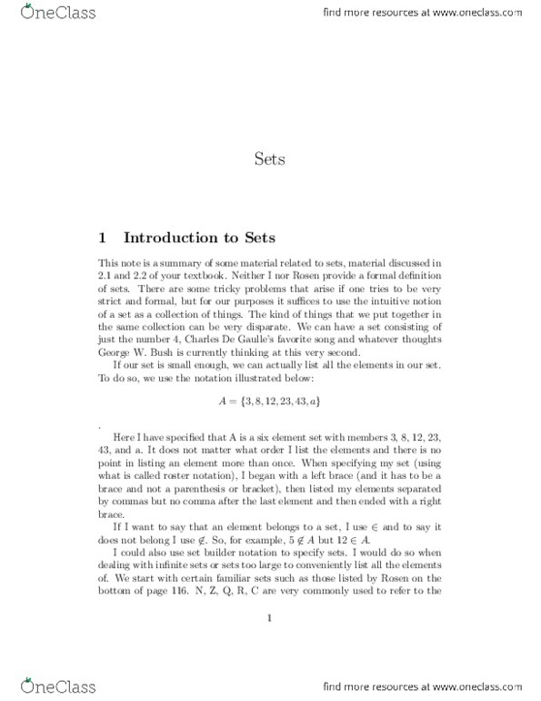 CIS 1166 Lecture Notes - Set-Builder Notation, Empty Set, Subset thumbnail