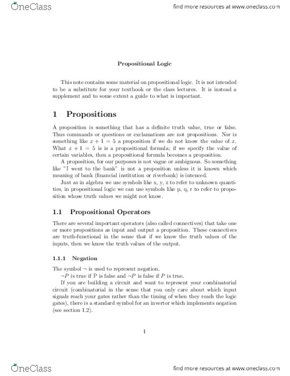 CIS 1166 Lecture Notes - Propositional Formula, Propositional Calculus, Logic Gate thumbnail