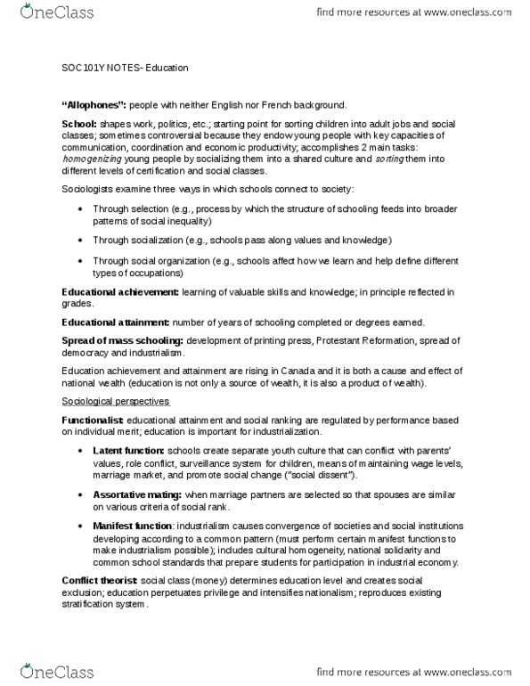 SOC101Y1 Chapter Notes -Assortative Mating, Social Inequality, Cultural Capital thumbnail