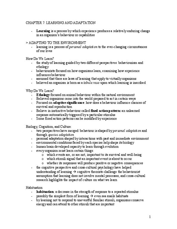 Psychology 1000 Chapter Notes - Chapter 7: Fixed Action Pattern, Tabula Rasa, Neural Adaptation thumbnail