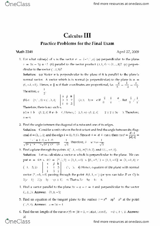 MATH 2241 Final: Final Exam - OneClass