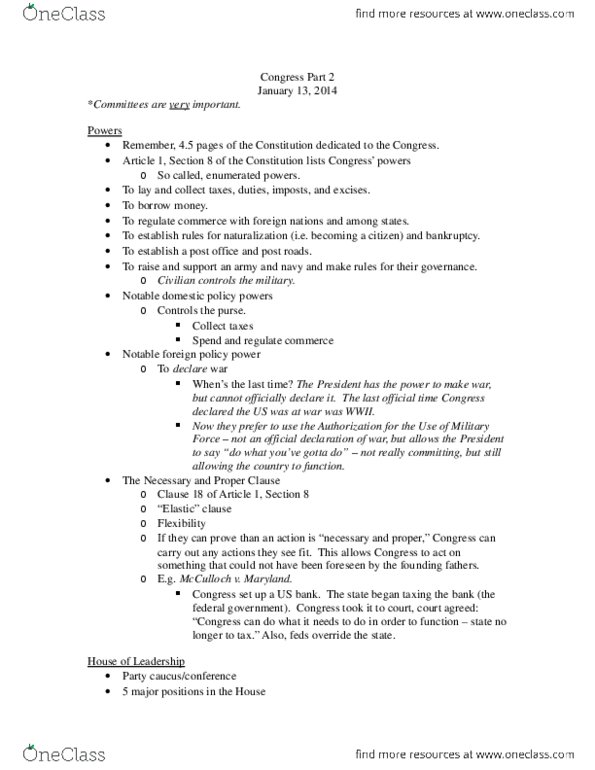 Political Science 2244E Lecture Notes - Page Of The United States Senate thumbnail