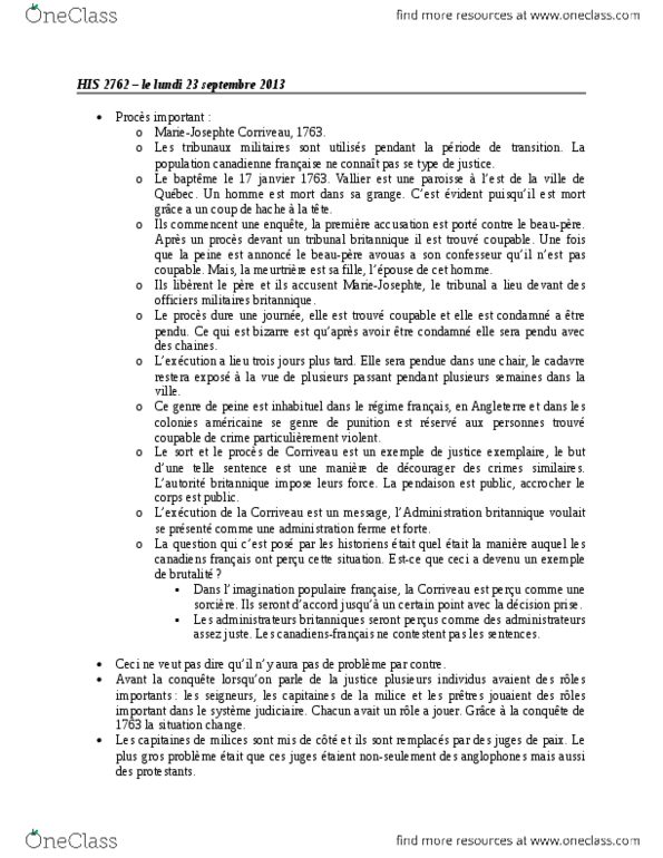 HIS 2762 Lecture Notes - Marie-Josephte Corriveau, Le Droit, Milice thumbnail