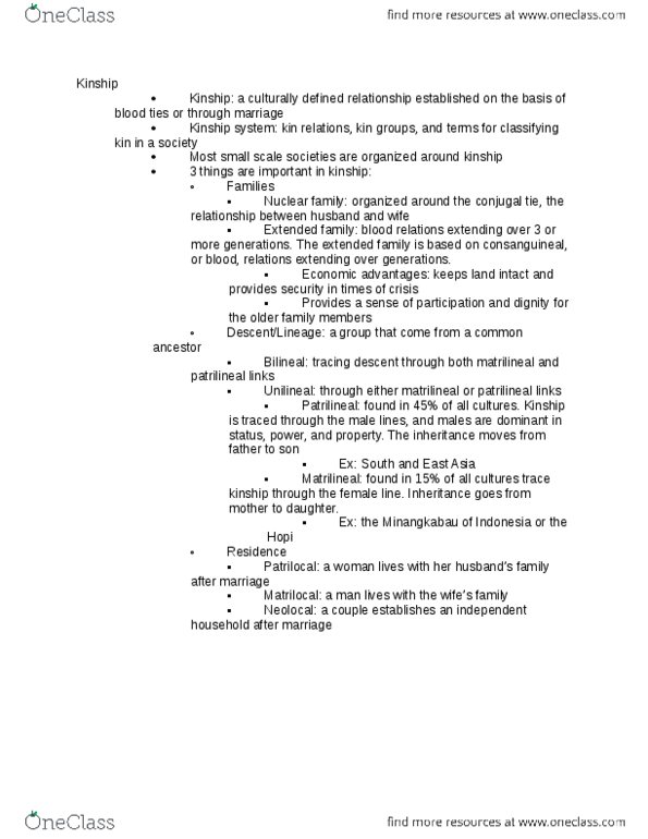 ANTH 2 Lecture Notes - Consanguinity, Nuclear Family, Patrilineality thumbnail
