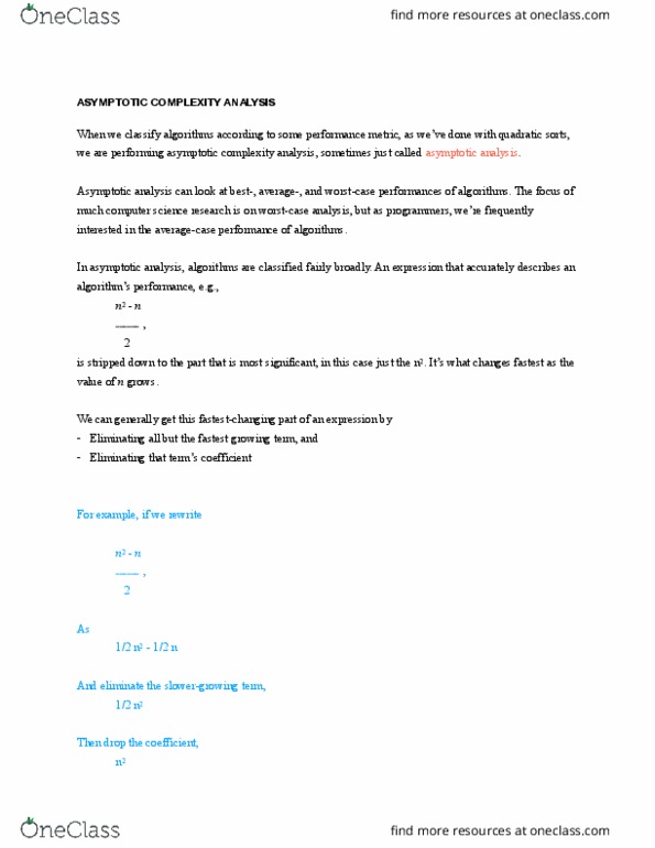 CISC 121 Lecture Notes - Lecture 28: Asymptotic Analysis, Performance Metric, Big O Notation cover image