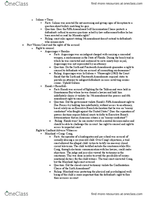 POLISCI 361 Lecture Notes - Lecture 13: Closed-Circuit Television, Fifth Amendment To The United States Constitution, Sixth Amendment To The United States Constitution thumbnail
