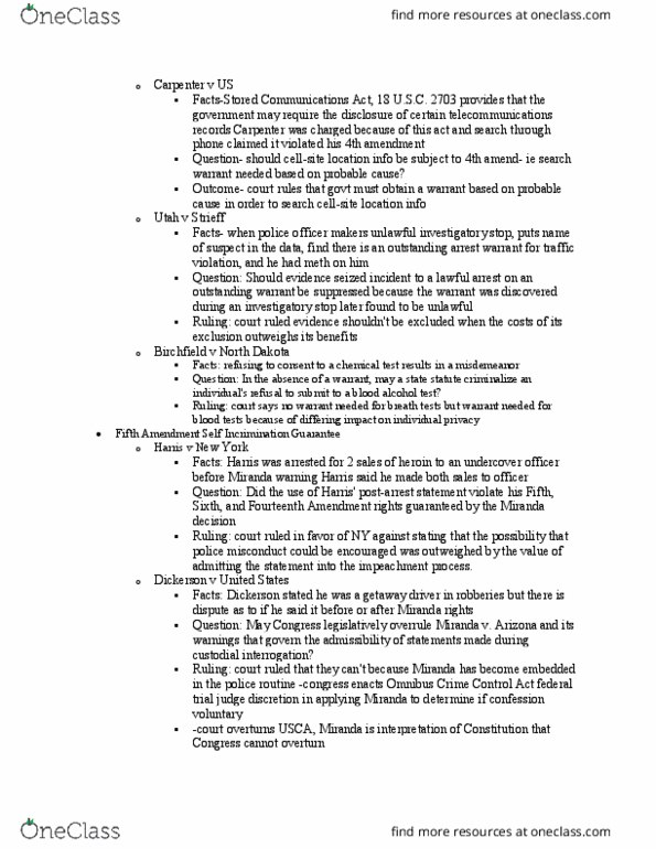 POLISCI 361 Lecture Notes - Lecture 12: Omnibus Crime Control And Safe Streets Act Of 1968, Miranda Warning, Fourth Amendment To The United States Constitution thumbnail