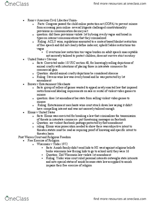 POLISCI 361 Lecture Notes - Lecture 6: First Amendment To The United States Constitution, Strict Scrutiny, American Civil Liberties Union thumbnail