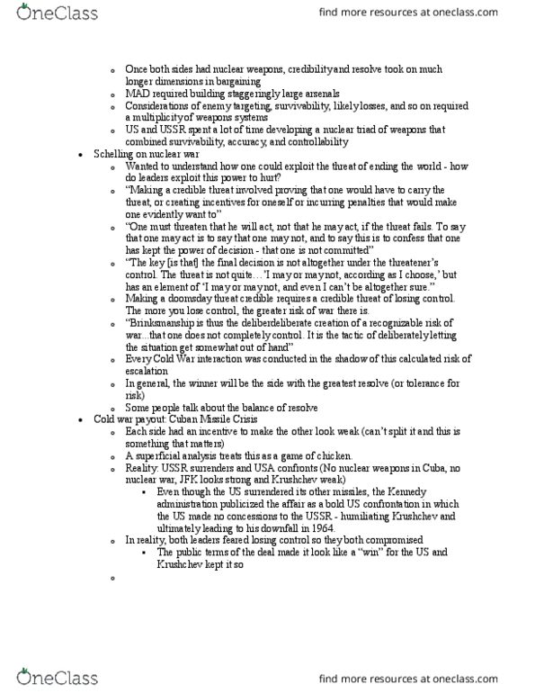 POLISCI 255 Lecture Notes - Lecture 23: Cuban Missile Crisis, Nikita Khrushchev, Nuclear Triad thumbnail